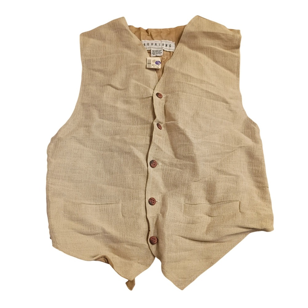 Aqualung Woven Button Front Vest Mens Large Beige Boho Textured Cinch Back